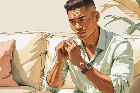 Uomo seduto sul divano, con le mani giunte, lo sguardo perso nel vuoto, un'espressione di profondo senso di colpa.