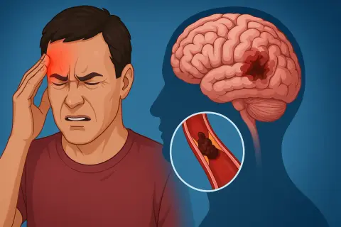 Uomo con forte mal di testa, simbolo di ischemia cerebrale. Un coagulo blocca un'arteria nel cervello.