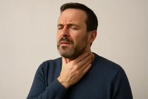 Uomo con mano alla gola, espressione di dolore o disagio, forse legato all'anginofobia significato.