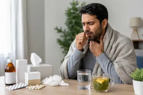 Uomo malato tossisce, coperto da una coperta, con sul tavolo farmaci, tra cui brufen e tachipirina insieme, tisana e fazzoletti.