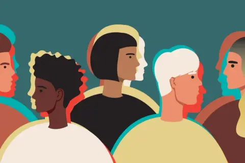 Diverse profili sovrapposti, quasi trasparenti, evocano la sensazione di depersonalizzazione e i suoi sintomi, come se le persone perdessero la loro identità.