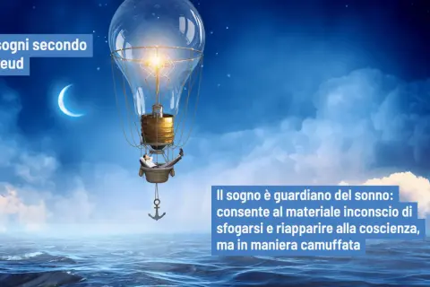 Un uomo fluttua in mongolfiera a forma di lampadina, un'idea che ricorda Sigmund Freud. Sotto, un mare calmo e una luna crescente.