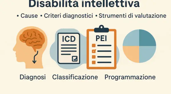 Illustrazione su disabilità intellettiva: cervello, documenti ICD e PEI, grafico a torta. Percorso di diagnosi, classificazione e programmazione.