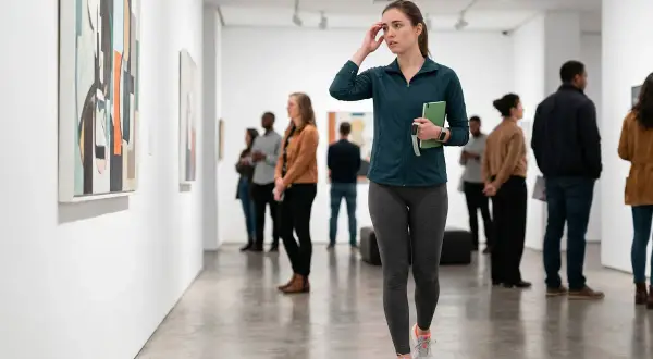 Donna in galleria d'arte, con un libro verde, ha un'espressione pensierosa, quasi un dejavu significato.