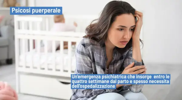 Donna con espressione angosciata vicino a una culla, simbolo di psicosi puerperale, un'emergenza psichiatrica post-parto.