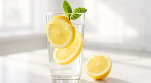 Un bicchiere d'acqua con fette di limone e menta, ideale per disintossicare il fegato. Un limone tagliato a metà riposa accanto.