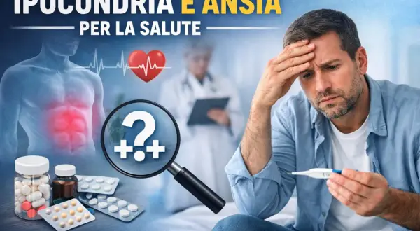 Uomo preoccupato con termometro, pillole e lente d'ingrandimento su corpo umano. Ipotetici ipocondria sintomi fisici.