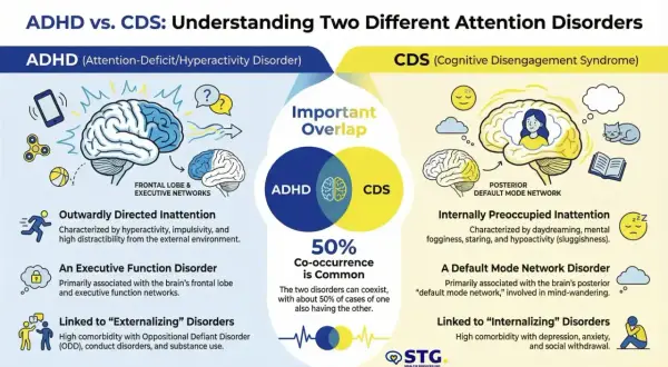 Confronto tra ADHD e CDS: l'immagine illustra le differenze e le sovrapposizioni, evidenziando l'inattenzione internamente preoccupata associata al **sluggish cognitive tempo**.