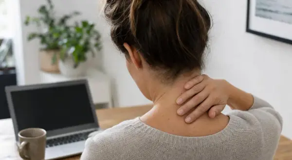 Donna con mano sul collo, laptop e tazza sul tavolo. Potrebbe soffrire di cervicale sintomi.