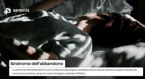 Persona sdraiata, illuminata da ombre, con testo che parla della sindrome dell'abbandono.