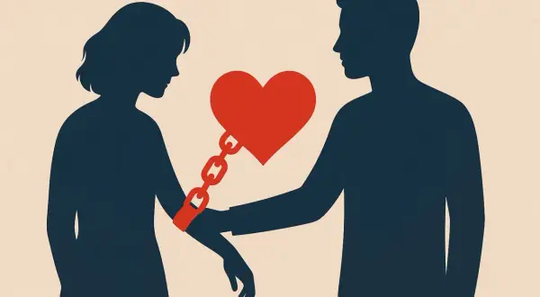 Silhouette di una donna e un uomo legati da una catena a un cuore rosso. Simboleggia la dipendenza affettiva, i cui sintomi possono includere questo legame soffocante.