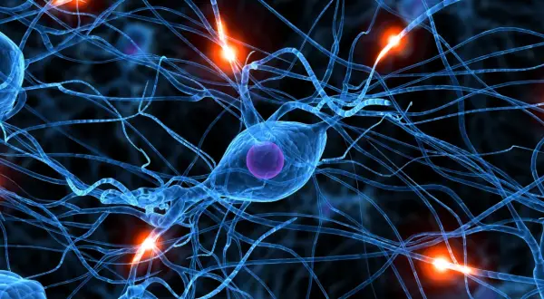 Neuroni blu interconnessi con impulsi luminosi, evocano la complessità del cervello e i **parkinson sintomi mentali**.