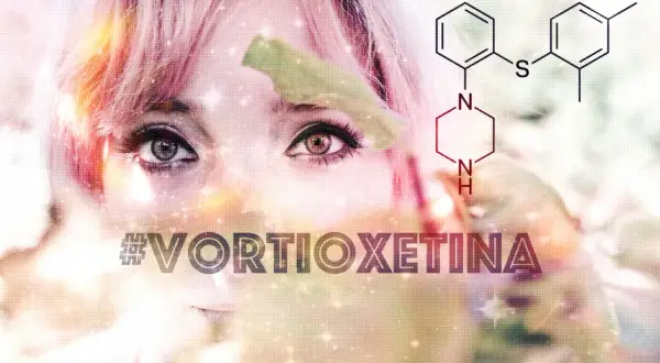 Volto di donna con capelli rosa, formula chimica e #VORTIOXETINA. Possibili brintellix effetti collaterali.