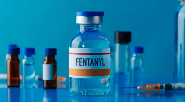 Fiale di fentanyl, con siringa e altre fiale sullo sfondo. Il fentanyl è un potente oppioide sintetico con gravi effetti.