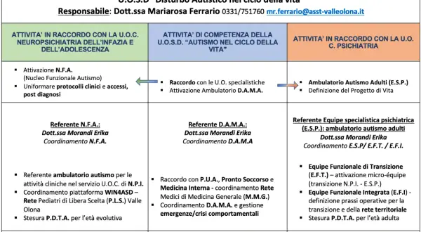 Schema dei diversi tipi di autismo e delle attività correlate, con riferimenti e contatti.