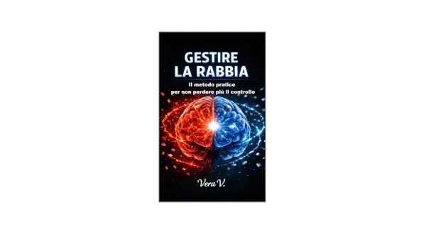Copertina libro: "Gestire la rabbia: Il metodo pratico per non perdere più il controllo". Cervello diviso in due, rosso e blu, con scintille.