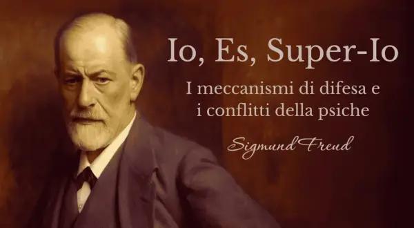 Ritratto di Sigmund Freud, con testo "Io, Es, Super-Io: i meccanismi di difesa e i conflitti della psiche".