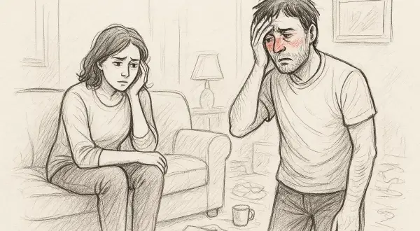Una donna preoccupata osserva un uomo con il viso arrossato e la mano sulla fronte, simbolo della psicologia del cocainomane e del suo impatto.