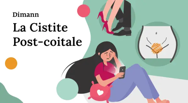 La cistite post-coitale può passare da sola. Illustrazione di una donna preoccupata che guarda il telefono, con simboli di intimità e disagio.