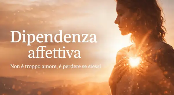 Donna con le mani sul cuore, illuminata da una luce dorata. Il testo recita "Dipendenza affettiva: Non è troppo amore, è perdere se stessi".