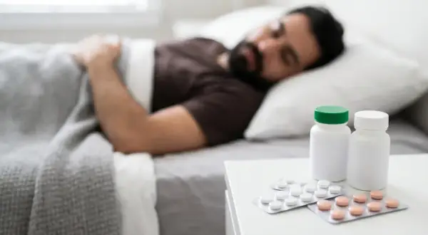Uomo addormentato a letto, con blister di pillole e flaconi sul comodino. Cosa sono i barbiturici?