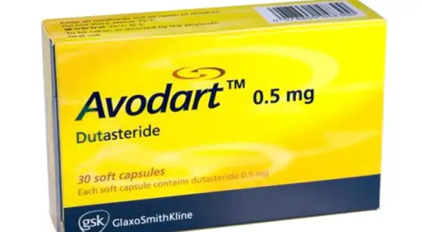 Scatola di Avodart 0.5 mg, contenente 30 capsule molli di dutasteride. Avodart a cosa serve? Per il trattamento dell'iperplasia prostatica benigna.