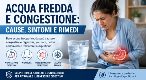 Donna con dolore addominale, possibile causa: congestione digestiva da acqua fredda. Immagine illustra cause, sintomi e rimedi.