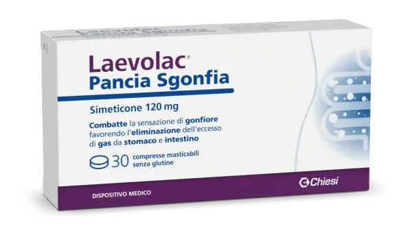 Laevolac Pancia Sgonfia, 30 compresse masticabili senza glutine. Utile per il mal di pancia e il gonfiore, con simeticone.