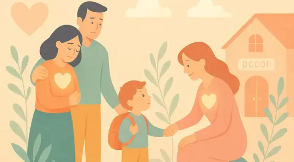 Un bambino con zaino, tra genitori preoccupati e una maestra sorridente. Un'immagine che evoca l'inserimento al nido e l'attaccamento alla mamma.