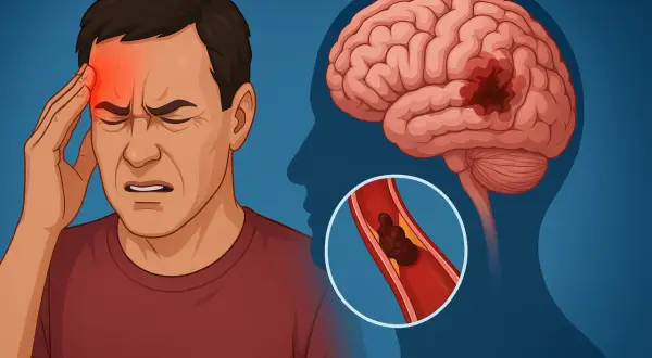 Uomo con forte mal di testa, simbolo di ischemia cerebrale. Un coagulo blocca un'arteria nel cervello.
