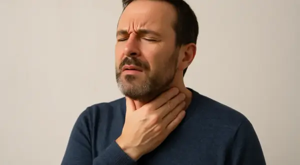 Uomo con mano alla gola, espressione di dolore o disagio, forse legato all'anginofobia significato.