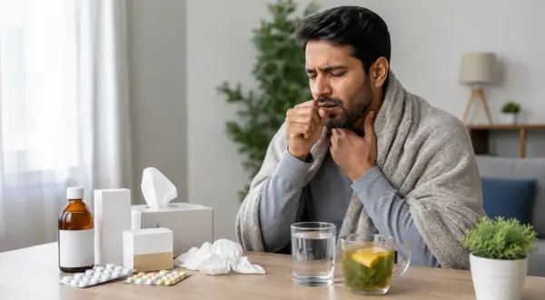 Uomo malato tossisce, coperto da una coperta, con sul tavolo farmaci, tra cui brufen e tachipirina insieme, tisana e fazzoletti.