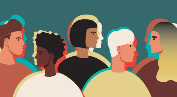 Diverse profili sovrapposti, quasi trasparenti, evocano la sensazione di depersonalizzazione e i suoi sintomi, come se le persone perdessero la loro identità.