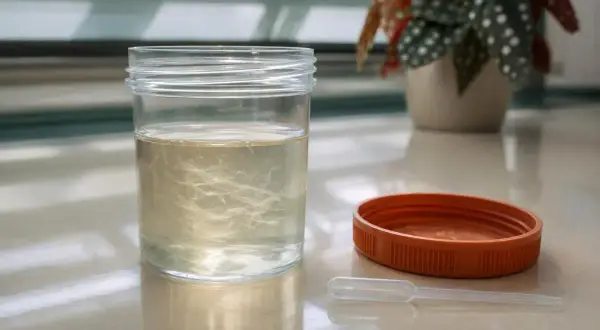 Contenitore con campione di urine che mostra filamenti biancastri, possibili tracce di muco nelle urine.