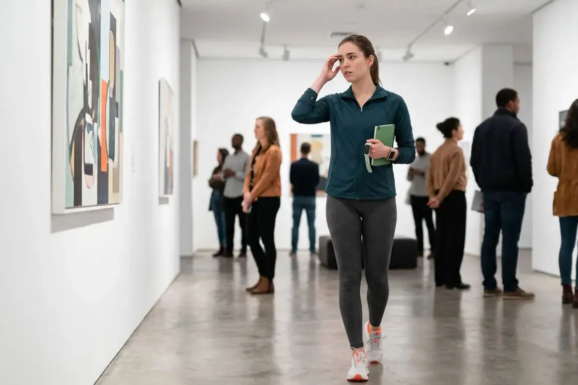 Donna in galleria d'arte, con un libro verde, ha un'espressione pensierosa, quasi un dejavu significato.
