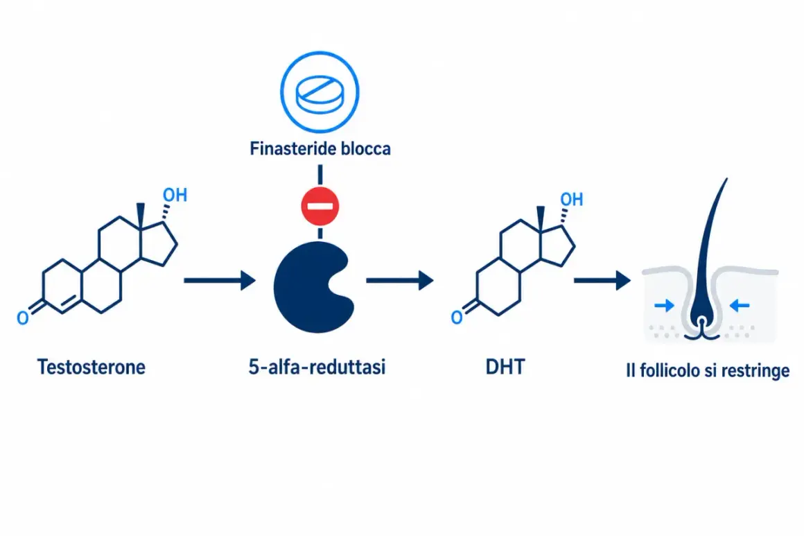 Schema che illustra come la finasteride blocca la 5-alfa-reduttasi, riducendo il DHT e prevenendo il restringimento del follicolo. Possibili finasteride effetti collaterali legati a questo meccanismo.