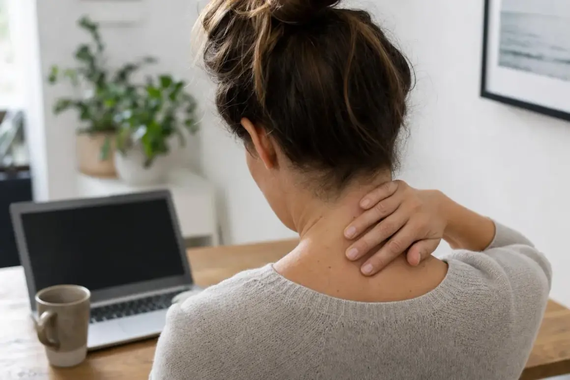 Donna con mano sul collo, laptop e tazza sul tavolo. Potrebbe soffrire di cervicale sintomi.
