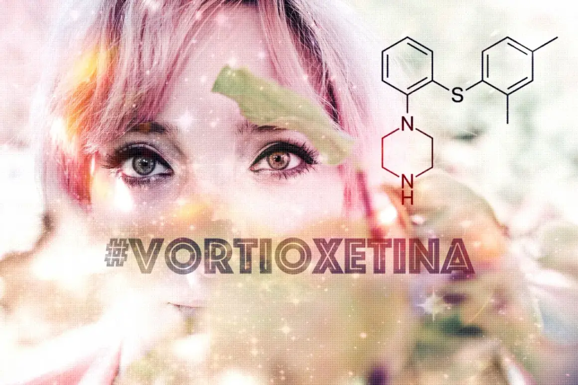 Volto di donna con capelli rosa, formula chimica e #VORTIOXETINA. Possibili brintellix effetti collaterali.