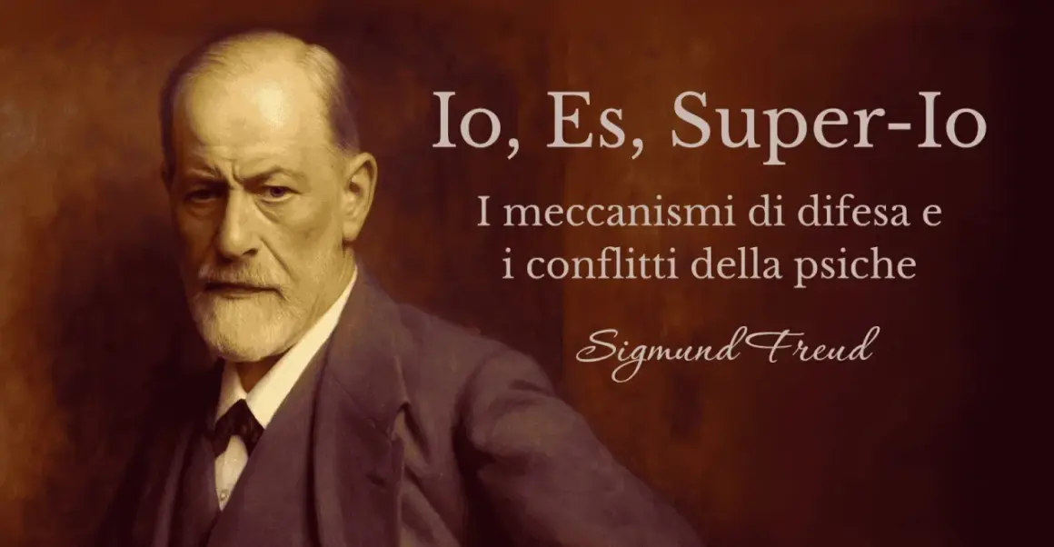 Ritratto di Sigmund Freud, con testo "Io, Es, Super-Io: i meccanismi di difesa e i conflitti della psiche".
