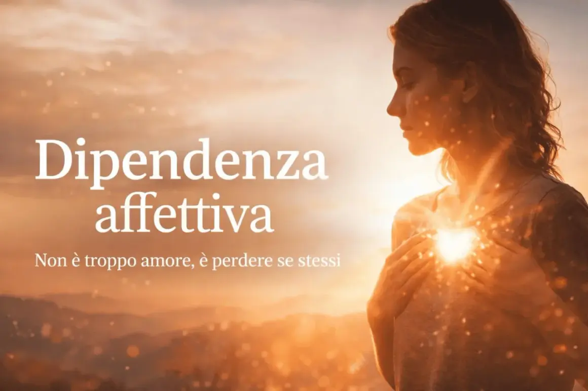 Donna con le mani sul cuore, illuminata da una luce dorata. Il testo recita "Dipendenza affettiva: Non è troppo amore, è perdere se stessi".