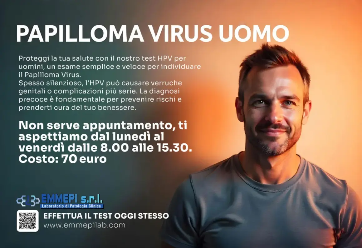 Uomo sorridente con testo sul Papilloma Virus. Il test HPV è disponibile senza appuntamento, utile anche per il papilloma virus contagio senza rapporti.