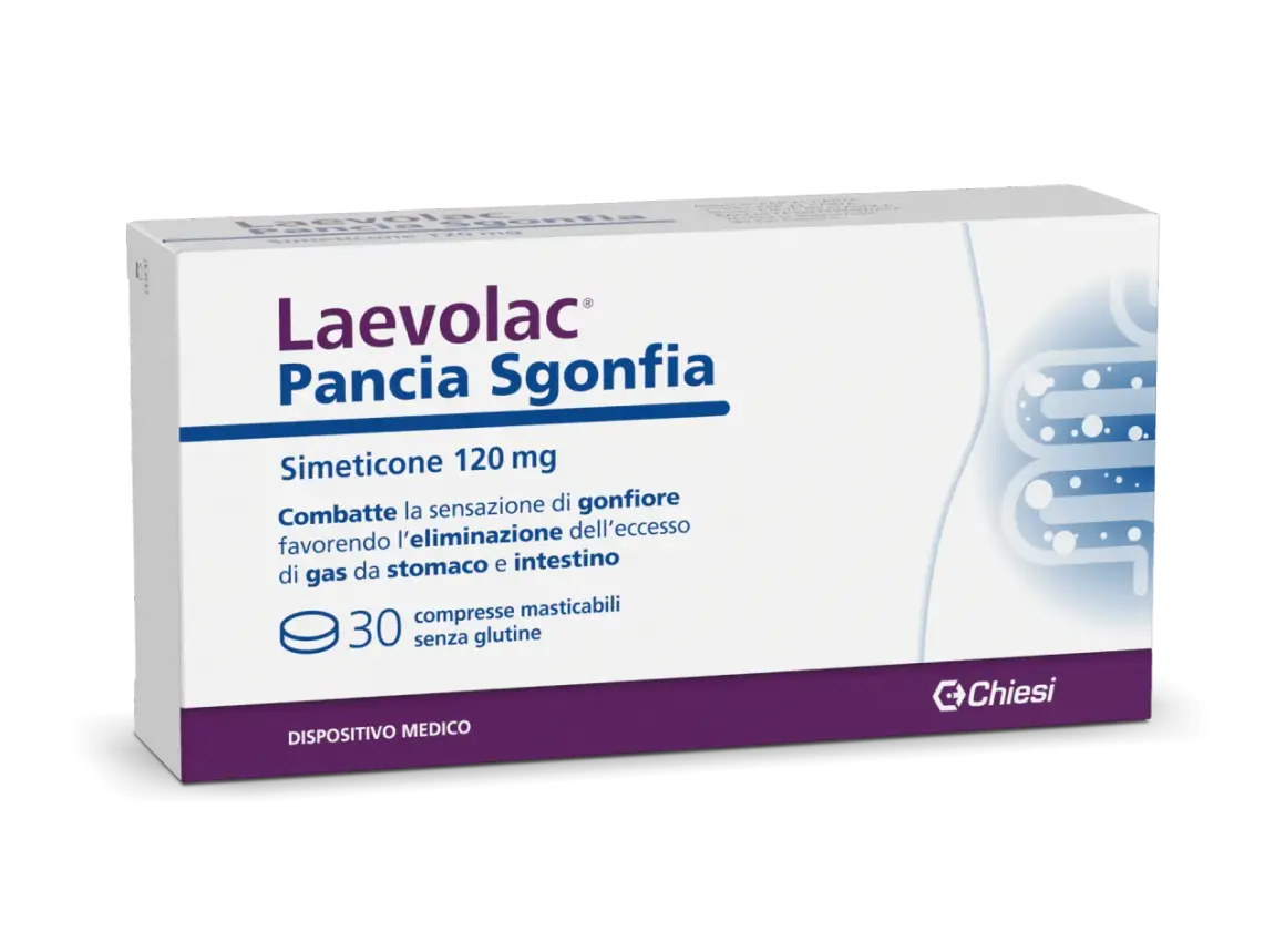 Laevolac Pancia Sgonfia, 30 compresse masticabili senza glutine. Utile per il mal di pancia e il gonfiore, con simeticone.
