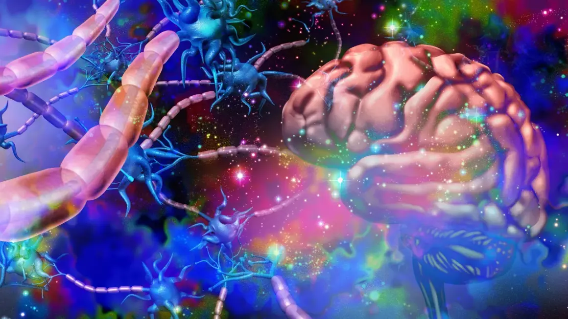 Cervello e neuroni in un paesaggio cosmico colorato, evocando la complessità di cos'è la ketamina.