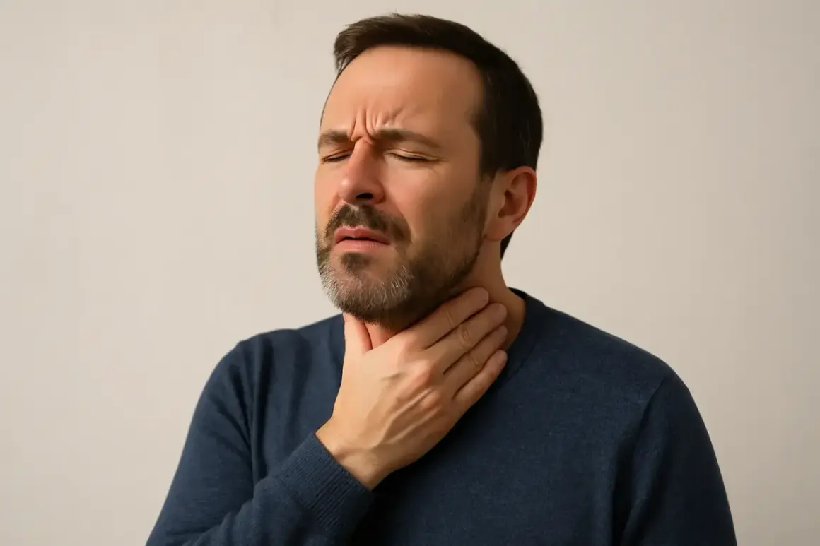 Uomo con mano alla gola, espressione di dolore o disagio, forse legato all'anginofobia significato.