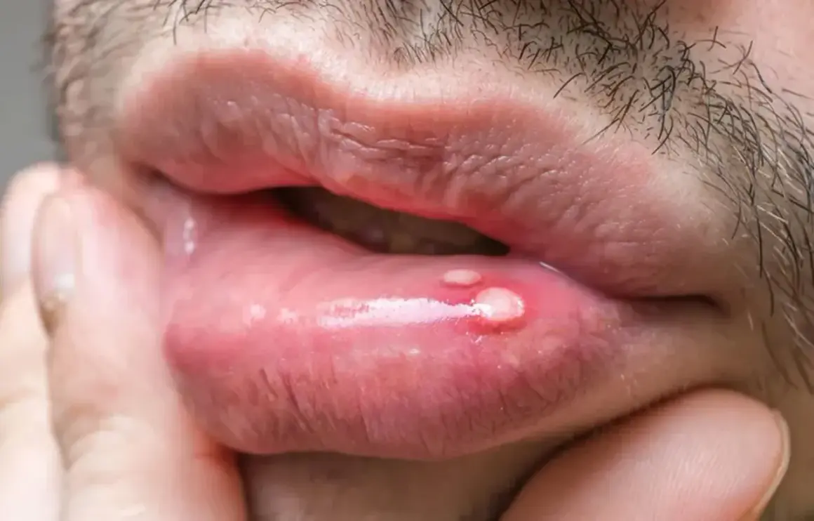 Uomo con lesioni sulle labbra, possibili manifestazioni del papilloma virus.