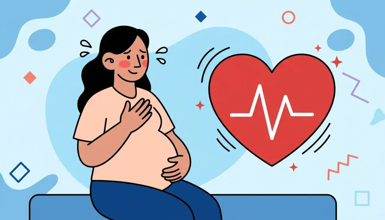 Donna incinta con mano sul petto, sudore e cuore con battito accelerato. Simboleggia la tachicardia in gravidanza.