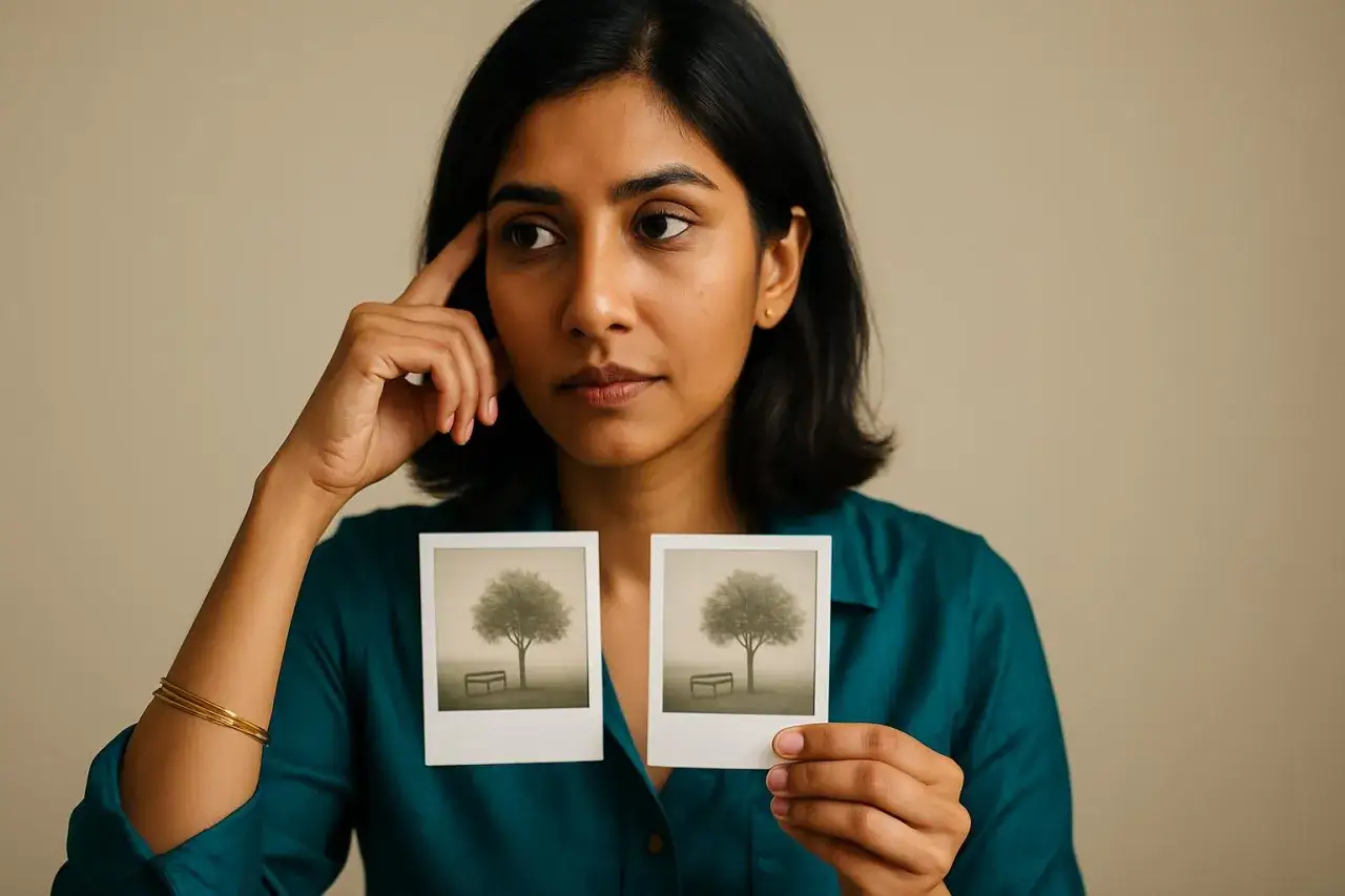 Donna pensierosa con due foto identiche di un albero e una panchina, riflette sul dejavu significato.