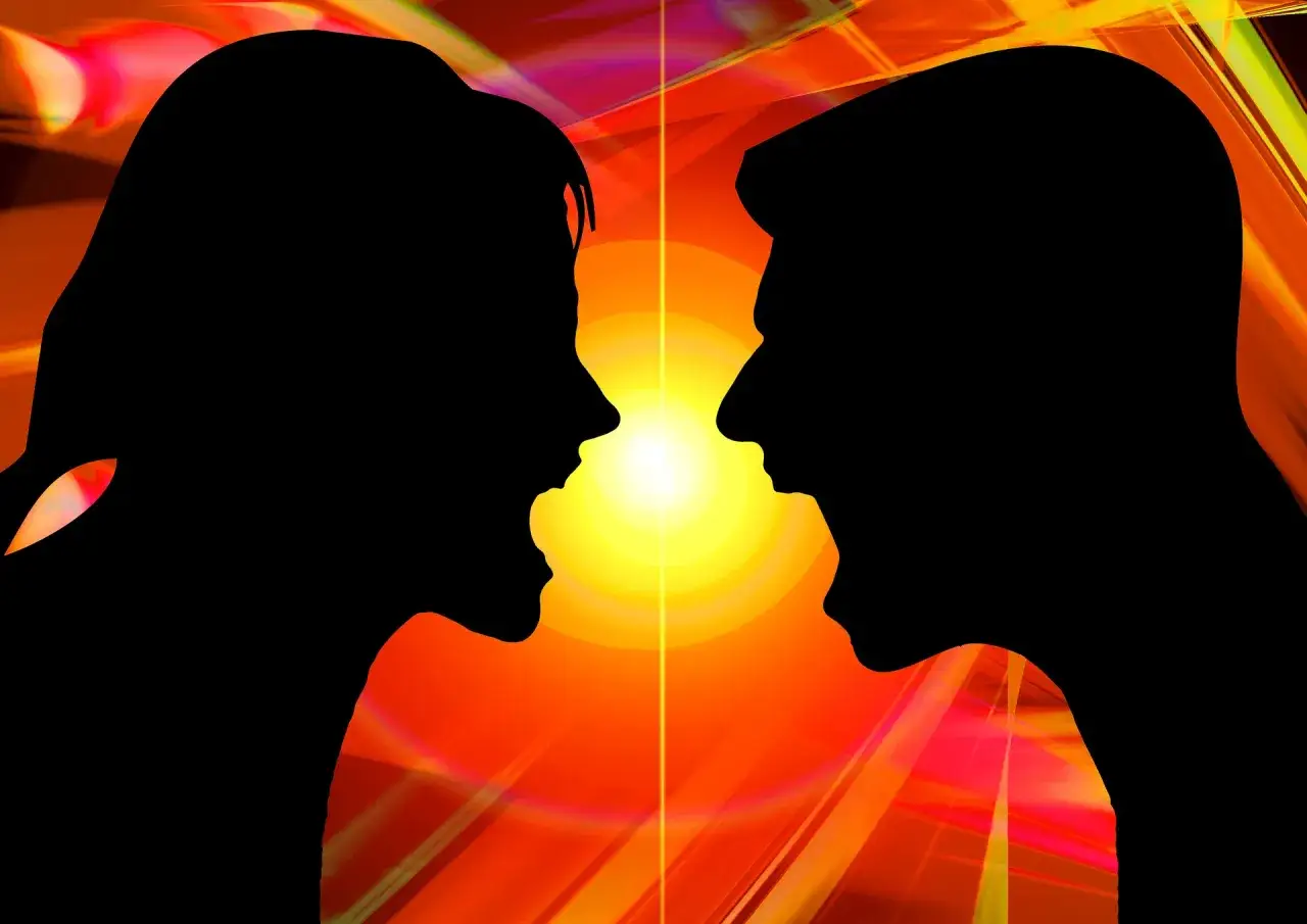 Silhouette di due persone che urlano, con uno sfondo luminoso e vibrante. Un'immagine che evoca la necessit&agrave; di intelligenza emotiva per gestire i conflitti.