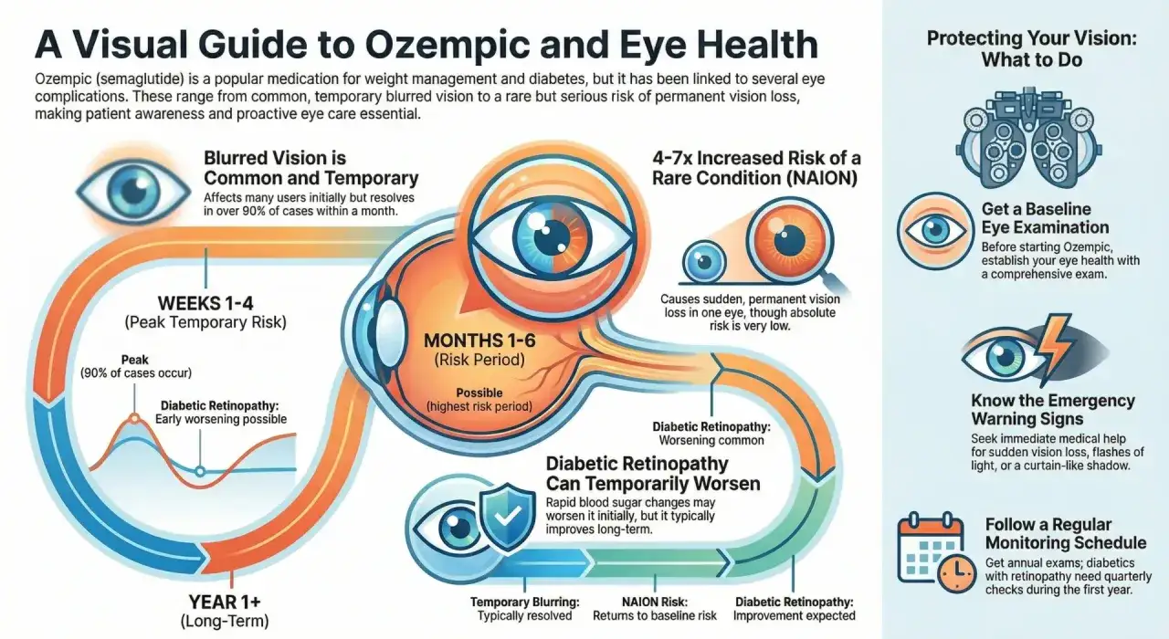 Ozempic: effetti collaterali comuni includono visione offuscata temporanea. Rischio aumentato di NAION, ma raro. Monitorare la vista.