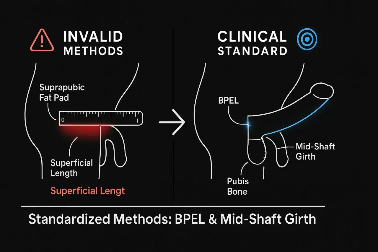 Confronto metodi di misurazione: metodi invalidi (lunghezza superficiale) vs. standard clinici (BPEL, circonferenza) per valutare l'ipoplasia peniena.